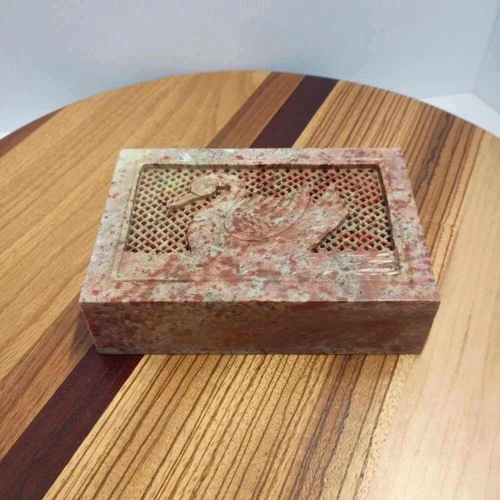 Vintage Swan Carved Soapstone Trinket Jewelry Box India Hinged MCM 6x4 Rectangle
